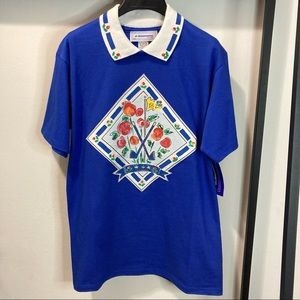 Golf Clubs and Roses Artwork Patch Collared T Shirt NWT